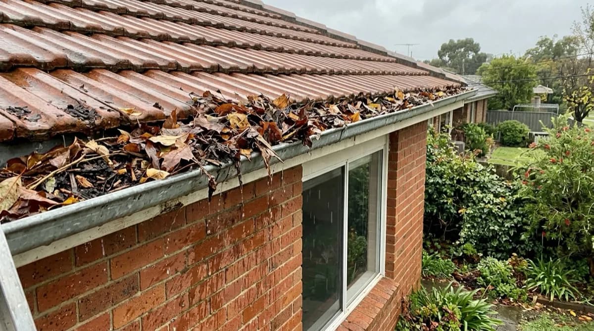House gutter overflowing with autumn leaves during heavy rain on a brick home