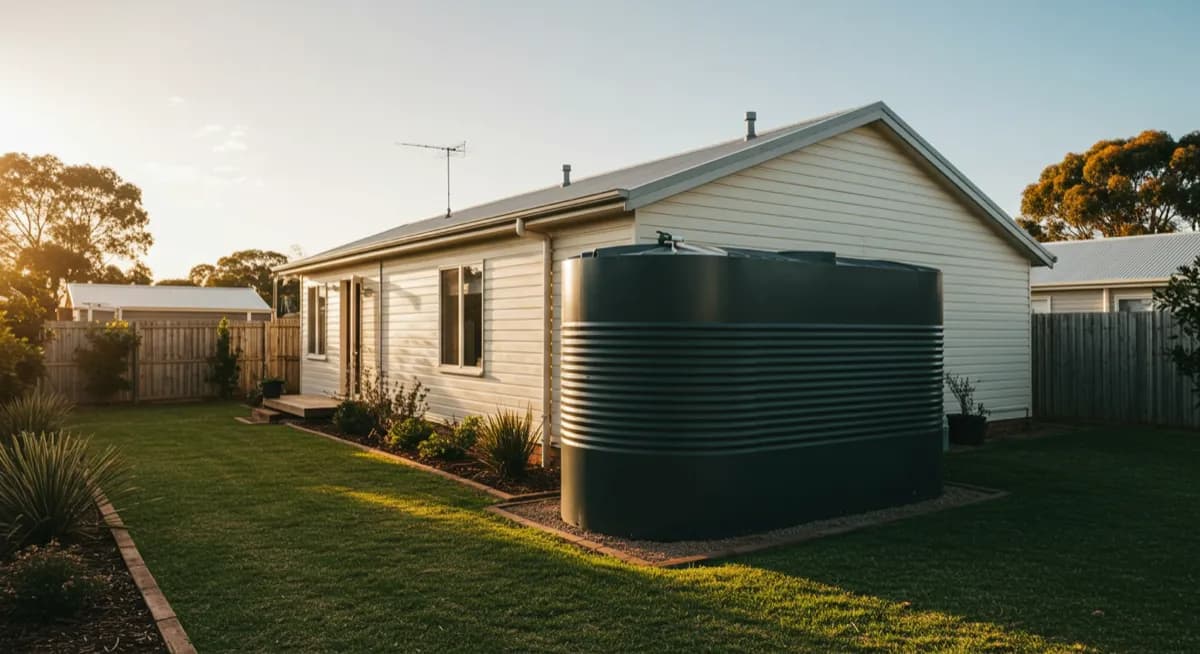 Australian weatherboard home with a dark corrugated rainwater tank beside it at golden hour