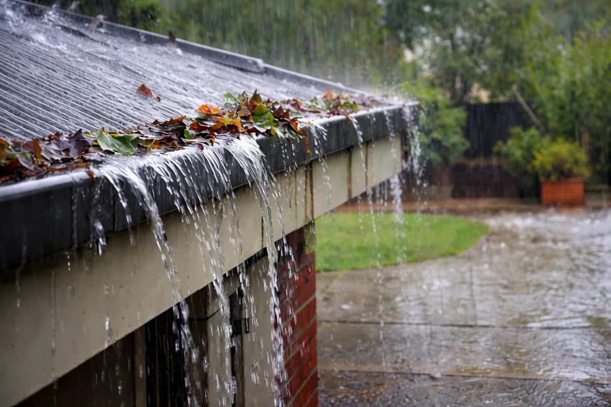 Heavy rain cascading off a blocked house gutter onto a flooded patio below
