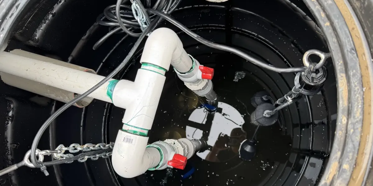 Looking down into an open stormwater sump pit at twin pump discharge lines with red-handled valves, and float switches hanging in the water